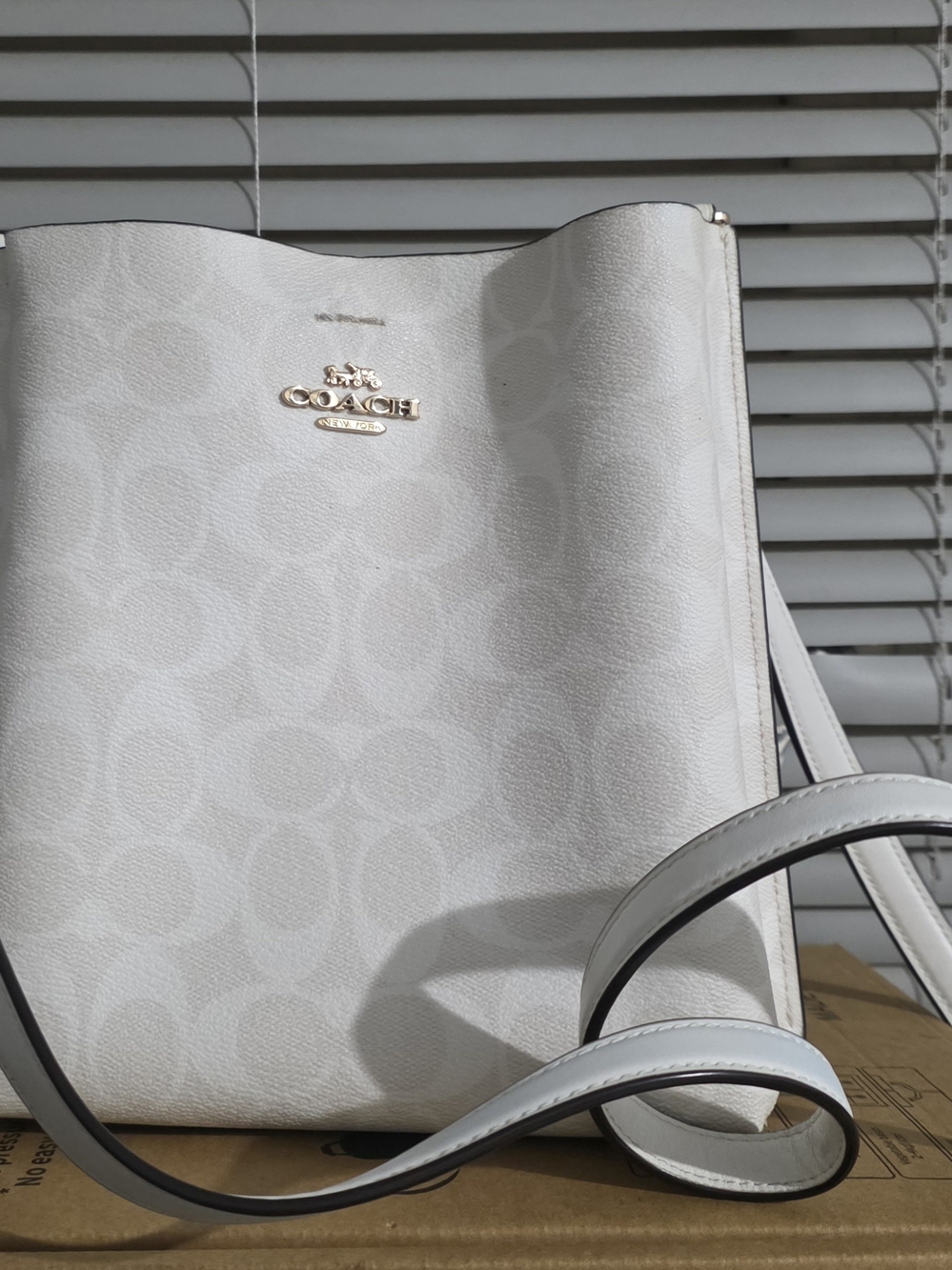 COACH White Signature Canvas Shoulder Bag with Gold Logo